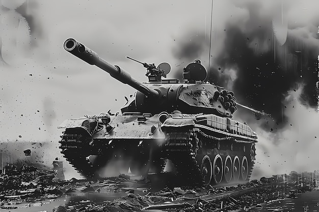 Vintage style view of combat tank vehicle during war time