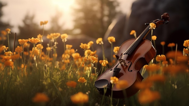 Free Photo a violin in a wreath of flowers