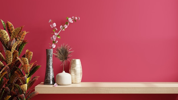 Viva magenta wall panelling with wooden shelf in kitchen room