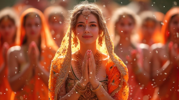 Free photo vivid colors portrait of woman at navratri celebration