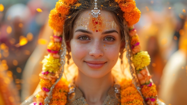 Free photo vivid colors portrait of woman at navratri celebration