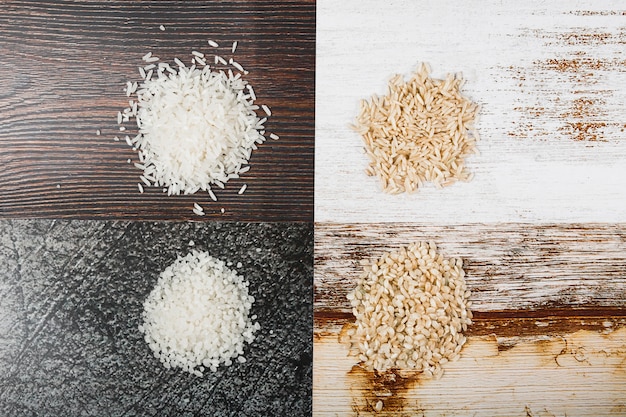 Vivid wooden background with variety of rice