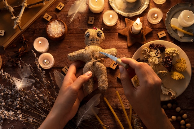 Free Photo voodoo doll and esoteric elements above view