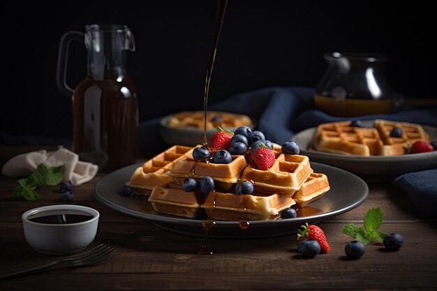 Waffles with berries and maple syrup on rustic wooden table Ai generative