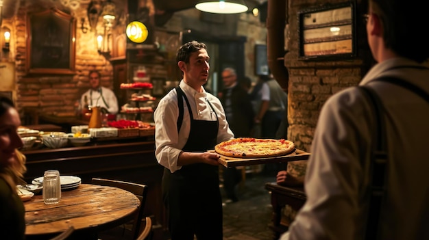 Free photo a waiter serves pizza in an old coffee shop in the city the concept of a small business using