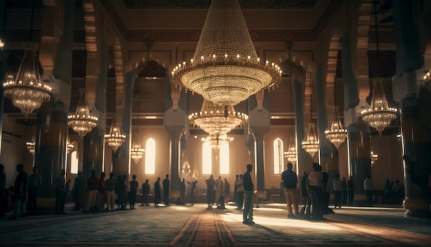 Walking inside a famous illuminated mosque at night generated by AI