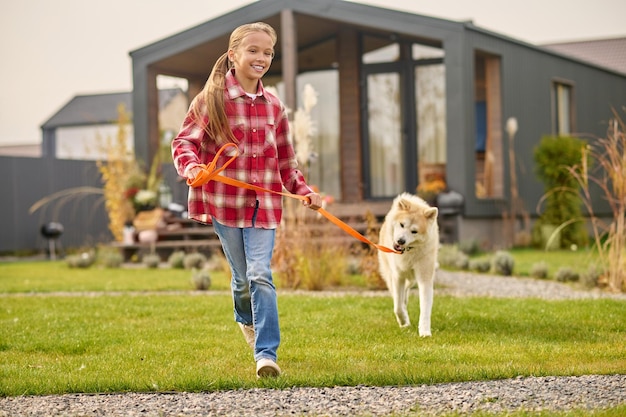 Walking with dog. Happy cute long-haired school age girl in casual clothes running with shiba inu dog on leash on lawn near country house on fine day