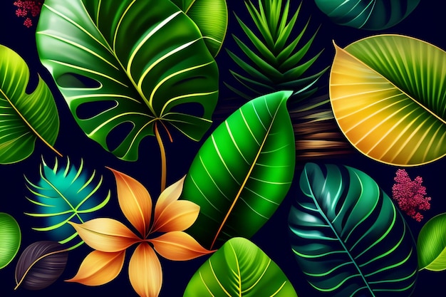 A wallpaper of tropical leaves with a flower on it.