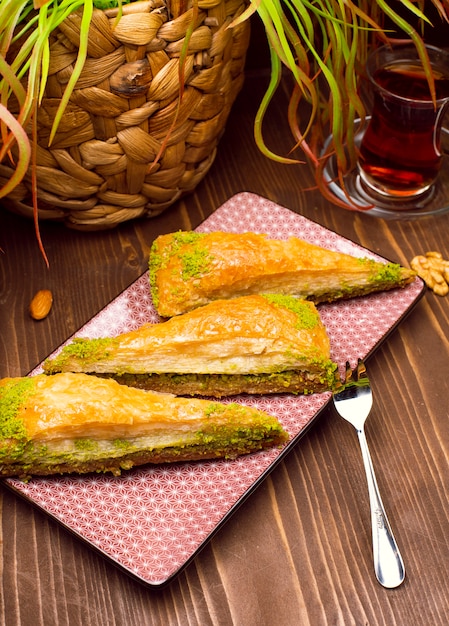 Walnut, pistachio turkish style antep baklava presentation and service