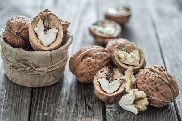 Walnuts on wooden table