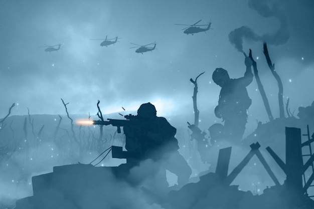 War and conflict landscape with soldiers fighting