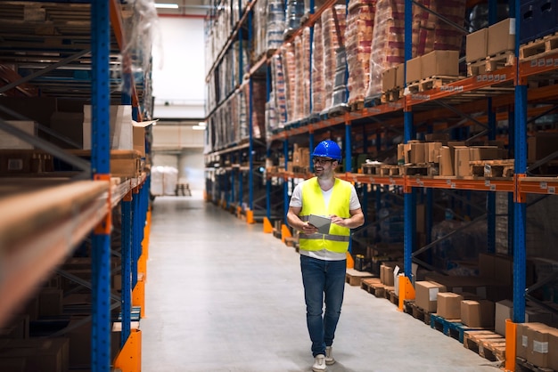 Free photo warehouse worker looking at shelves with packages and walking through large warehouse storage distribution area