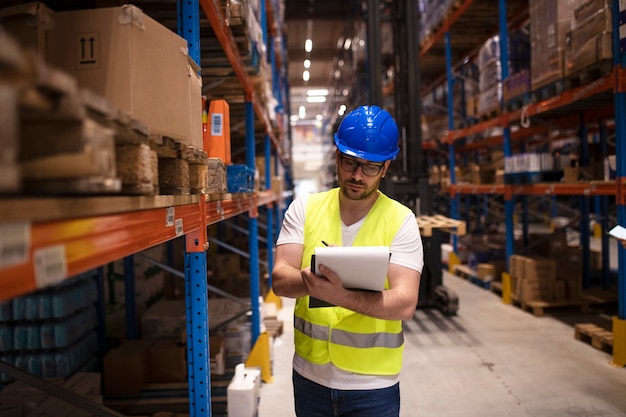 Free photo warehouse worker writing down inventory report on products in large storage area