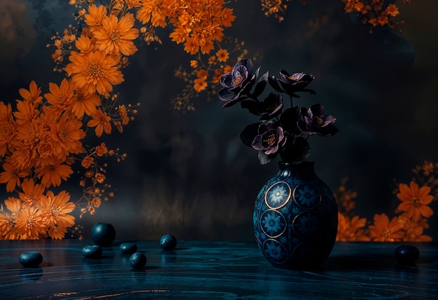 Free photo warm colors vase with dark flowers