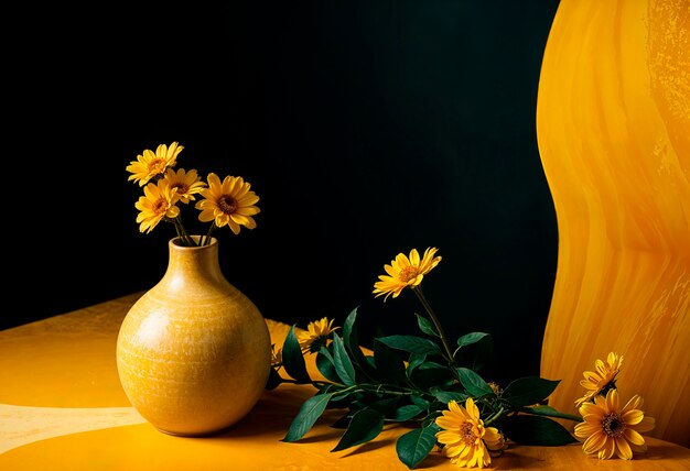 Warm colors vase with yellow flowers