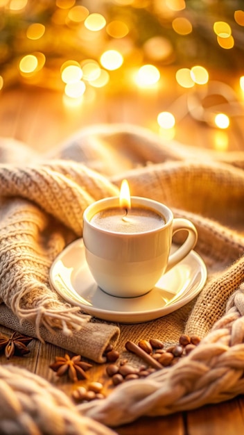 Free photo a warm cup of coffee a lit candle and a soft blanket