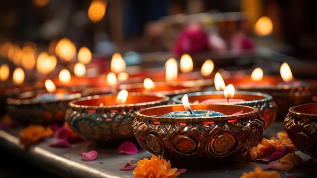 Warm glow from numerous Diwali diyas casts a soft light celebrating the festival of lights