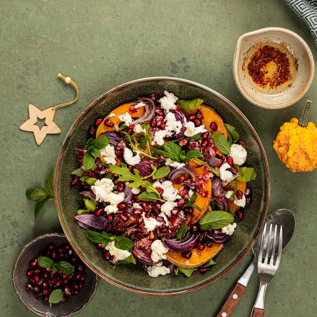 Free photo warm winter quinoa salad with pumpkin chorizo and mozzarella arugula leaves and pomegranate