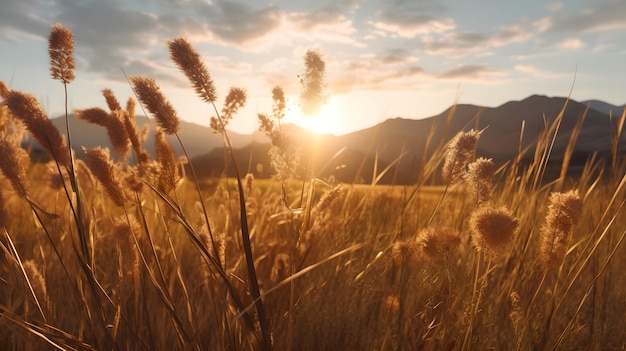 Free Photo warmth sunny day of summer outdoor sunset and mountains behind the brown dry plant