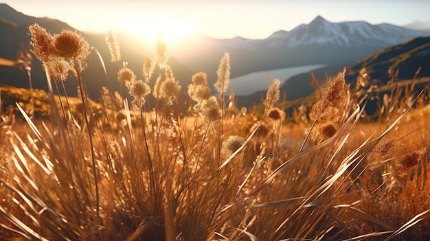 Free photo warmth sunny day of summer outdoor sunset and mountains behind dry plant