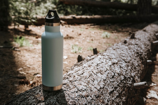 Free Photo water bottle on a trunk in a forest