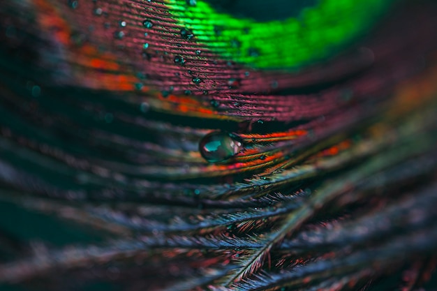 Free Photo water drop on abstract macro exotic peacock feather background