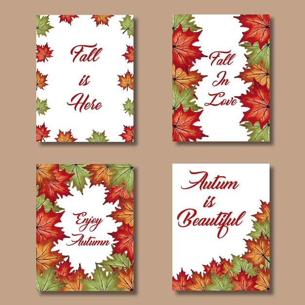 Free Photo watercolor autumn cards with red, orange, yellow and green leaves