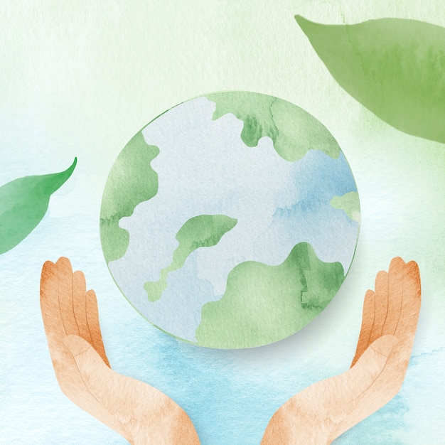 Free photo watercolor background with hands protecting the world illustration