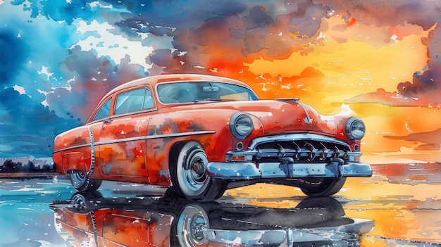 Watercolor car painting illustration