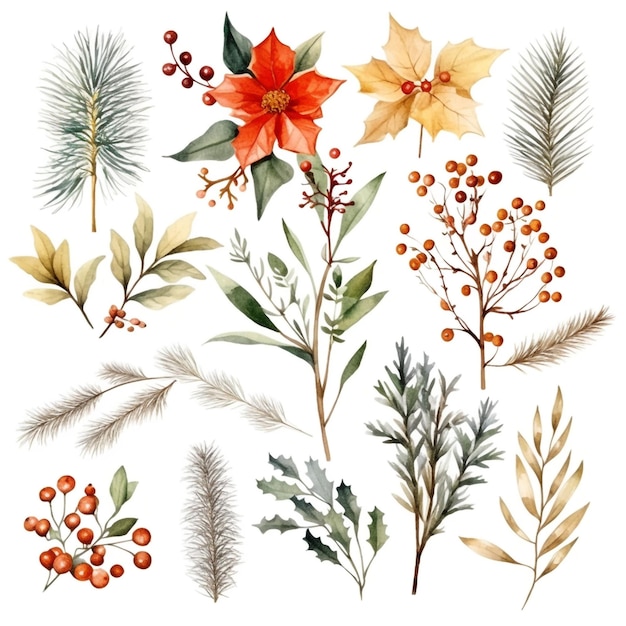 Free Photo watercolor christmas leaves and flowers collection