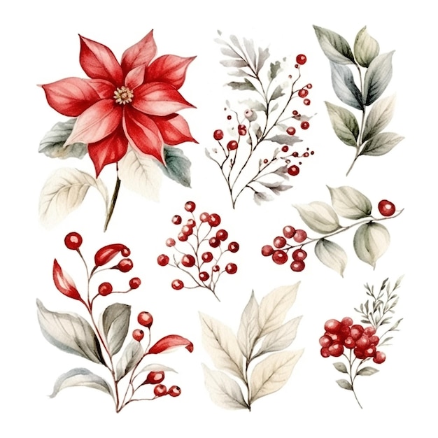 Free photo watercolor christmas leaves and flowers collection