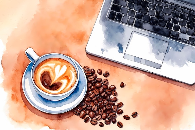 Free photo watercolor coffee cup and coffee beans illustration