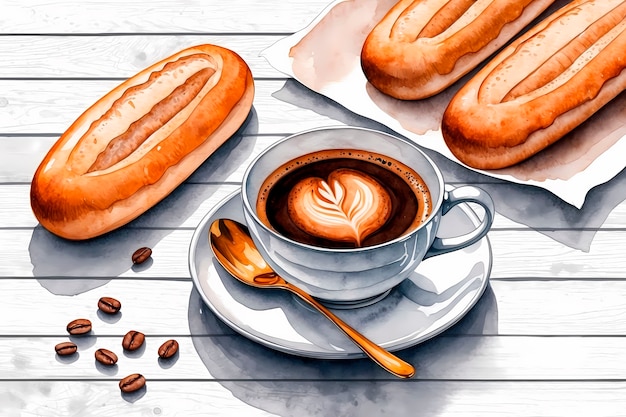 Watercolor coffee cup and coffee beans illustration