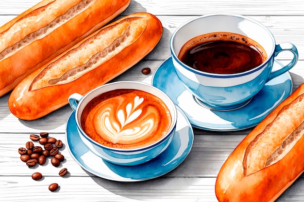 Free photo watercolor coffee cup and coffee beans illustration