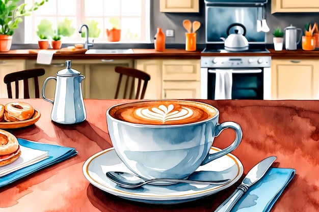 Free photo watercolor coffee cup and coffee beans illustration