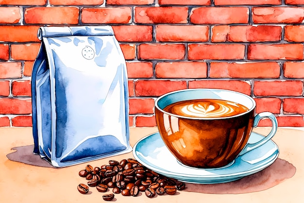 Free photo watercolor coffee cup and coffee beans illustration