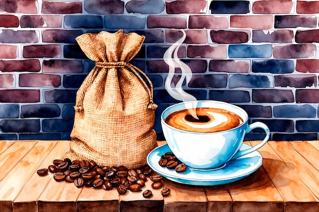 Free photo watercolor coffee cup and coffee beans illustration