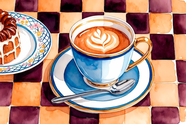 Watercolor coffee cup and coffee beans illustration