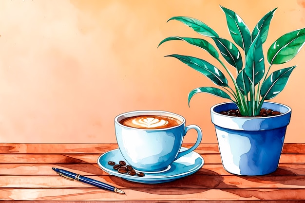 Free photo watercolor coffee cup and coffee beans illustration