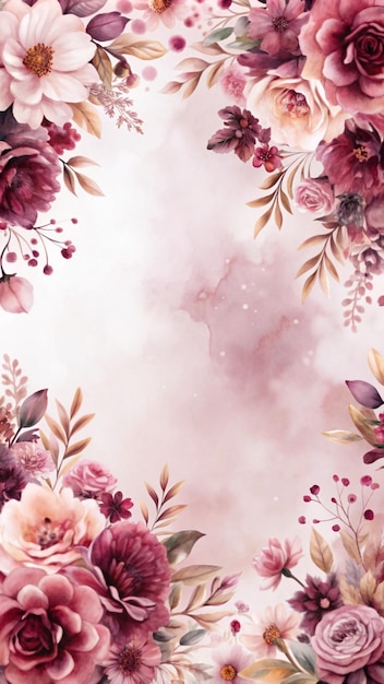 Free photo watercolor floral border with pink and purple flowers on a soft pink background