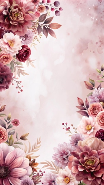 Free Photo watercolor floral border with soft pink and burgundy flowers on white background