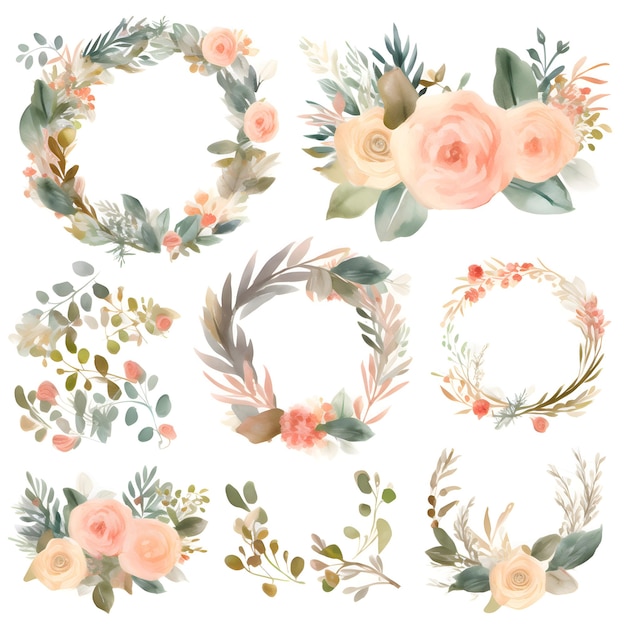 Free Photo watercolor floral wreaths set hand painted isolated on white background