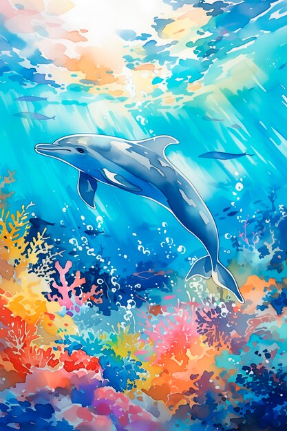 Watercolor illustration of dolphin