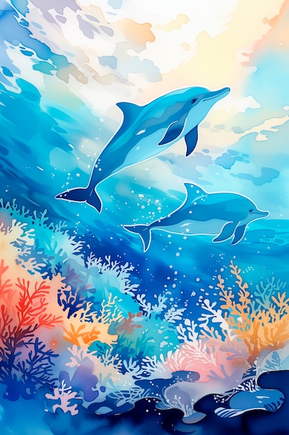 Free Photo watercolor illustration of dolphin