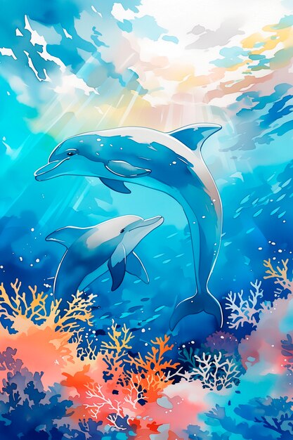 Watercolor illustration of dolphin