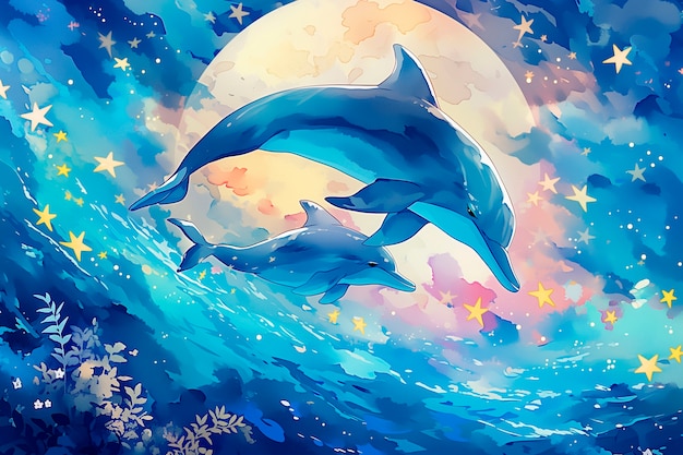 Watercolor illustration of dolphin