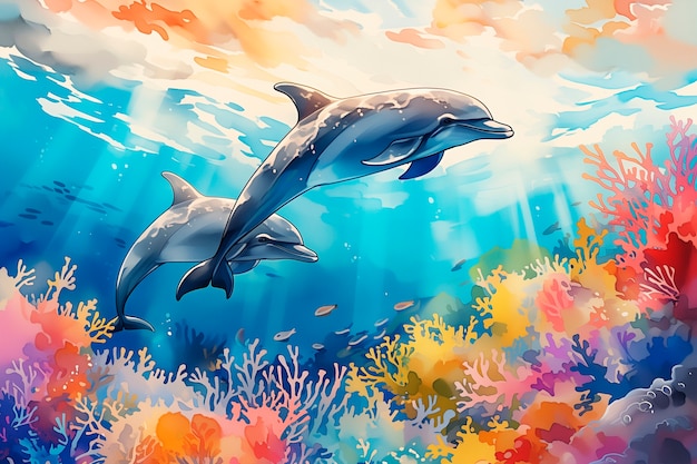 Watercolor illustration of dolphin