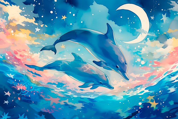 Watercolor illustration of dolphin