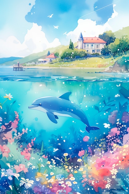 Watercolor illustration of dolphin