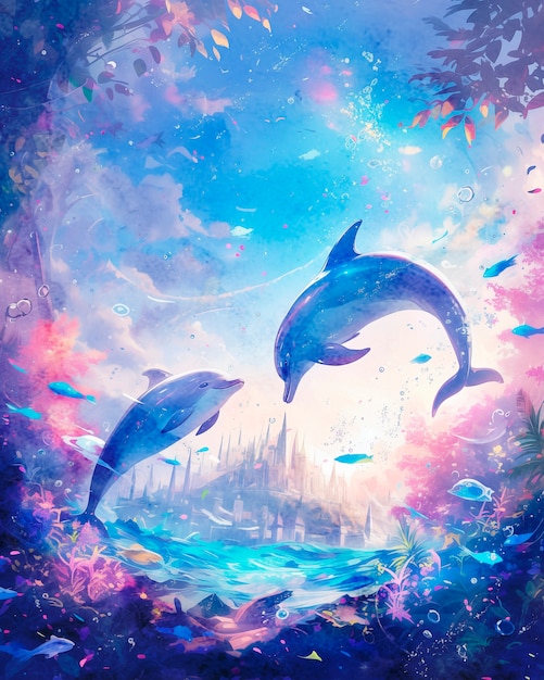 Watercolor illustration of dolphin